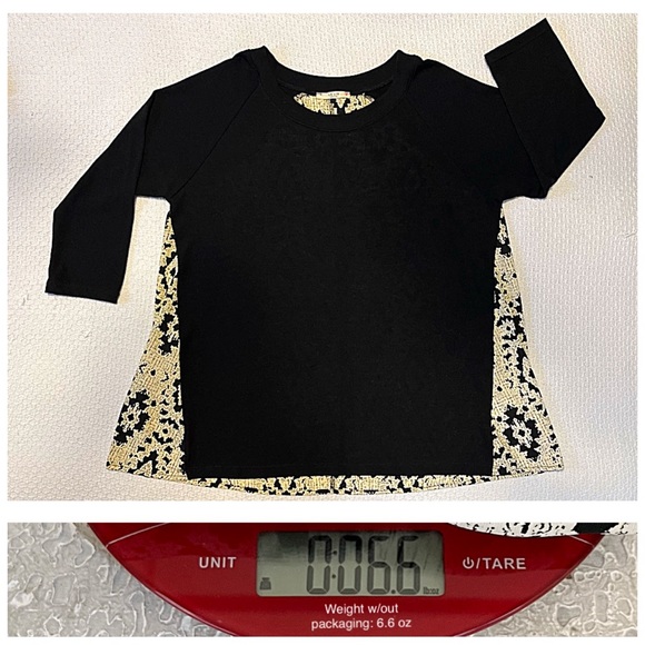 STITCH FIX LE LIS Mari M Black Pattern Mix Material 3/4 Sleeve Knit High-Low Top - Picture 6 of 11